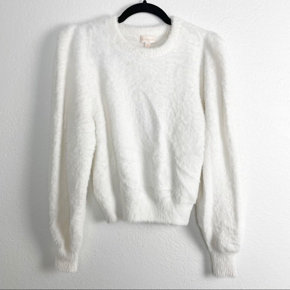 Ronny Kobo Carina Puff Sleeve Fuzzy Soft Knit Crew Neck Sweater White Winter - Picture 2 of 5
